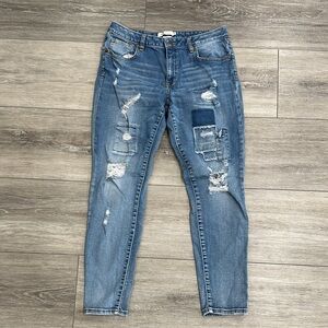 Womens Distressed Patchwork Skinny Jeans - Blue